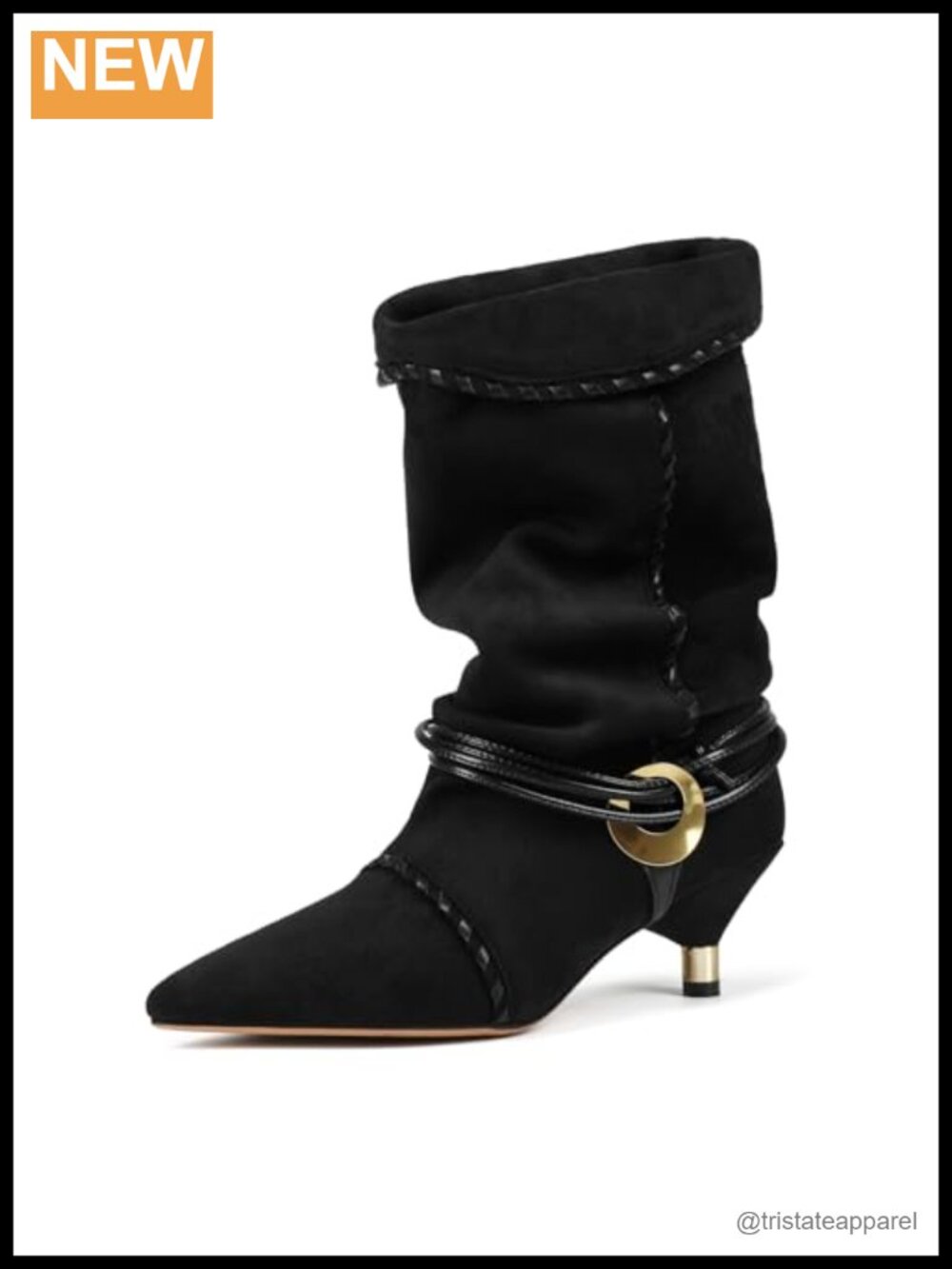 Slouchy Kitten Heel Boots Women Suede Mid-Calf Pointed Toe Pull-On Fashion Boots